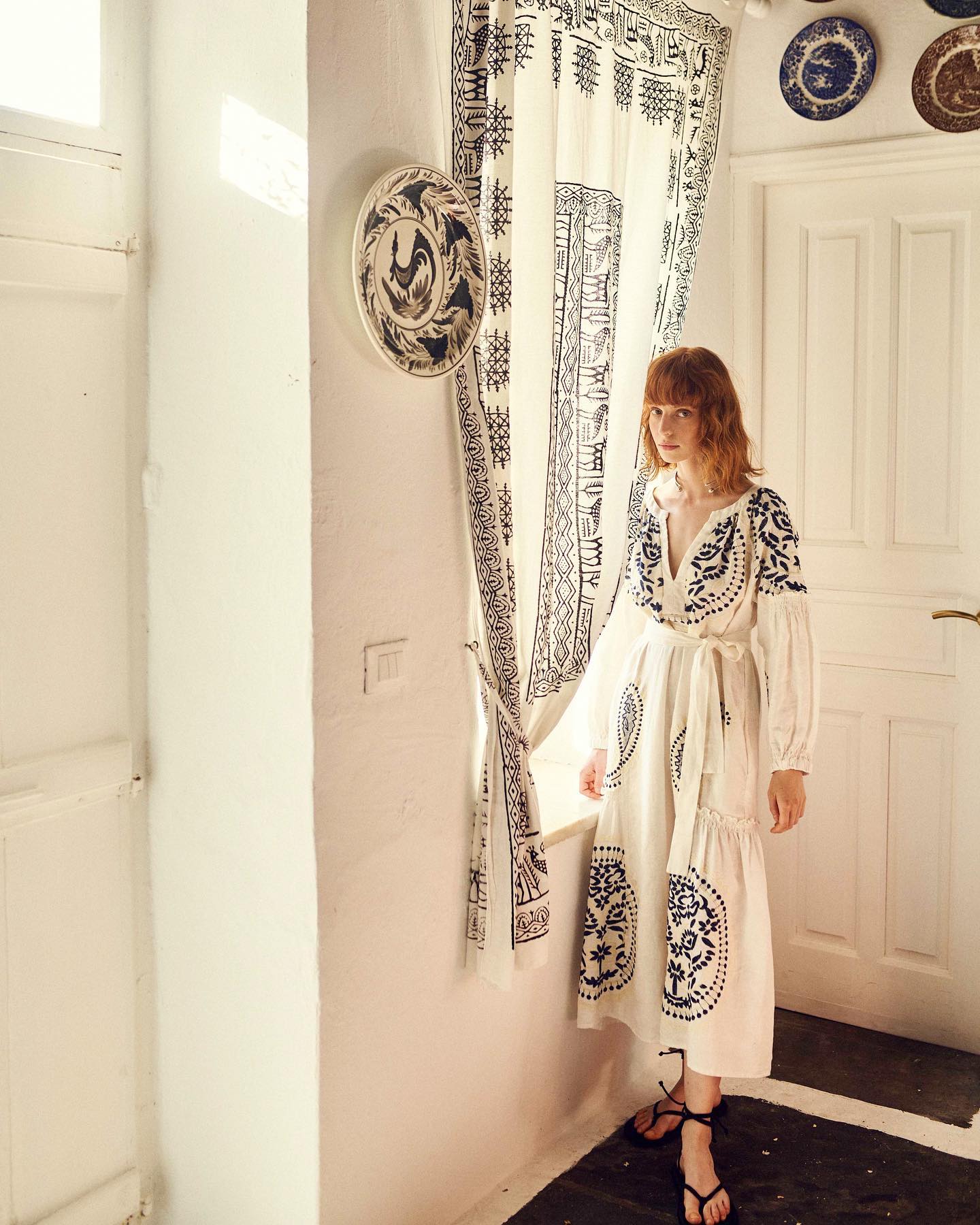 Greek archaic kori linen dress paisley