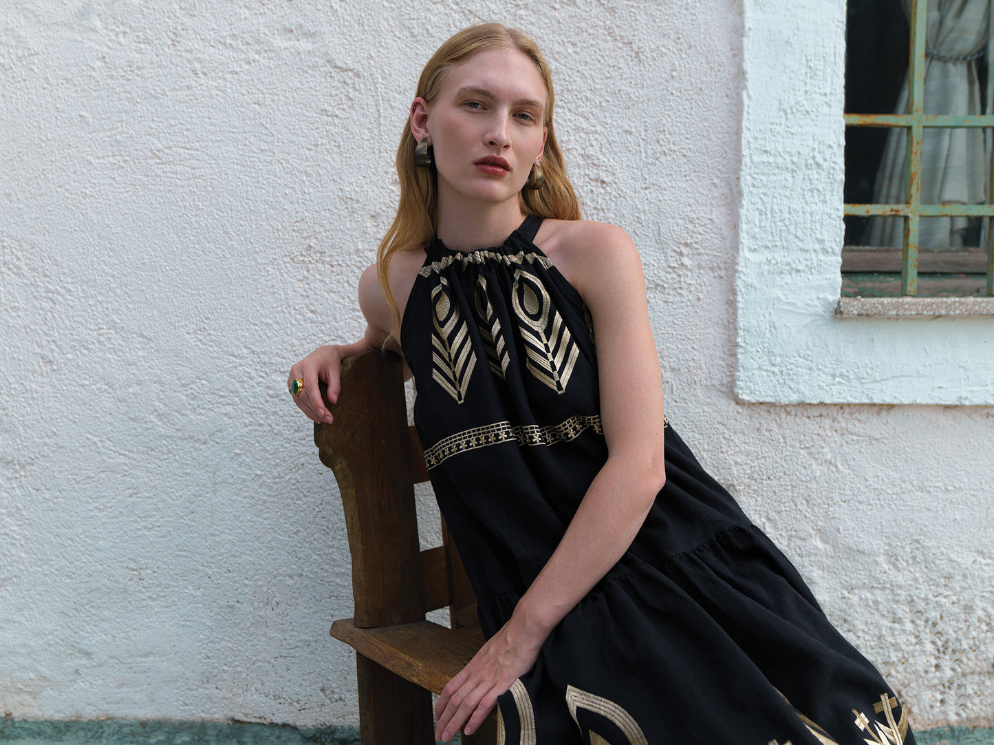 Greek Archaic Kori dress long halter Feather