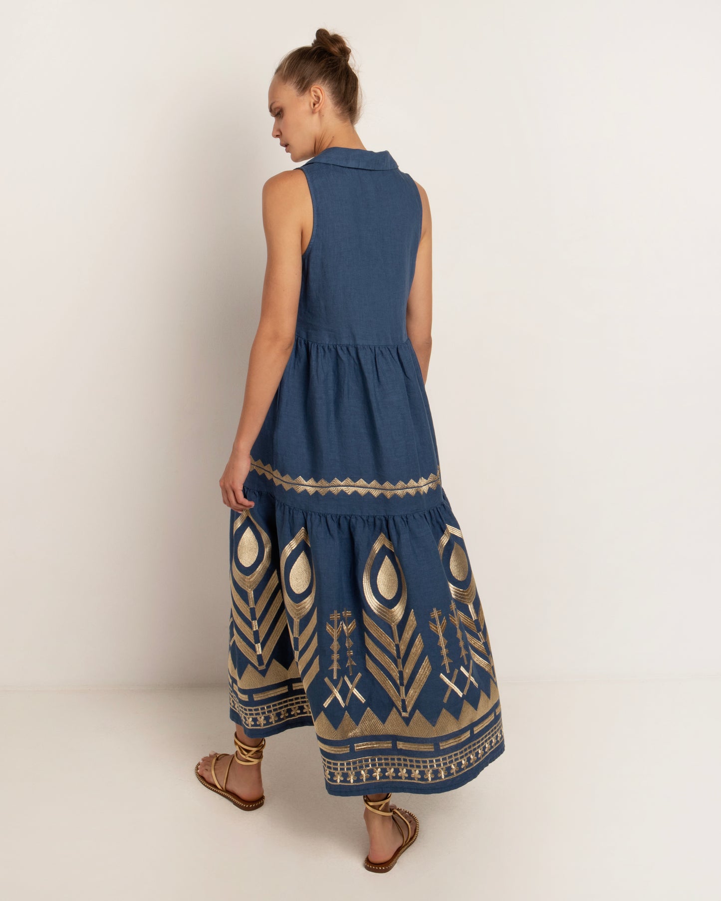 Greek Archaic Kori linen lond sleeveless dress with collar