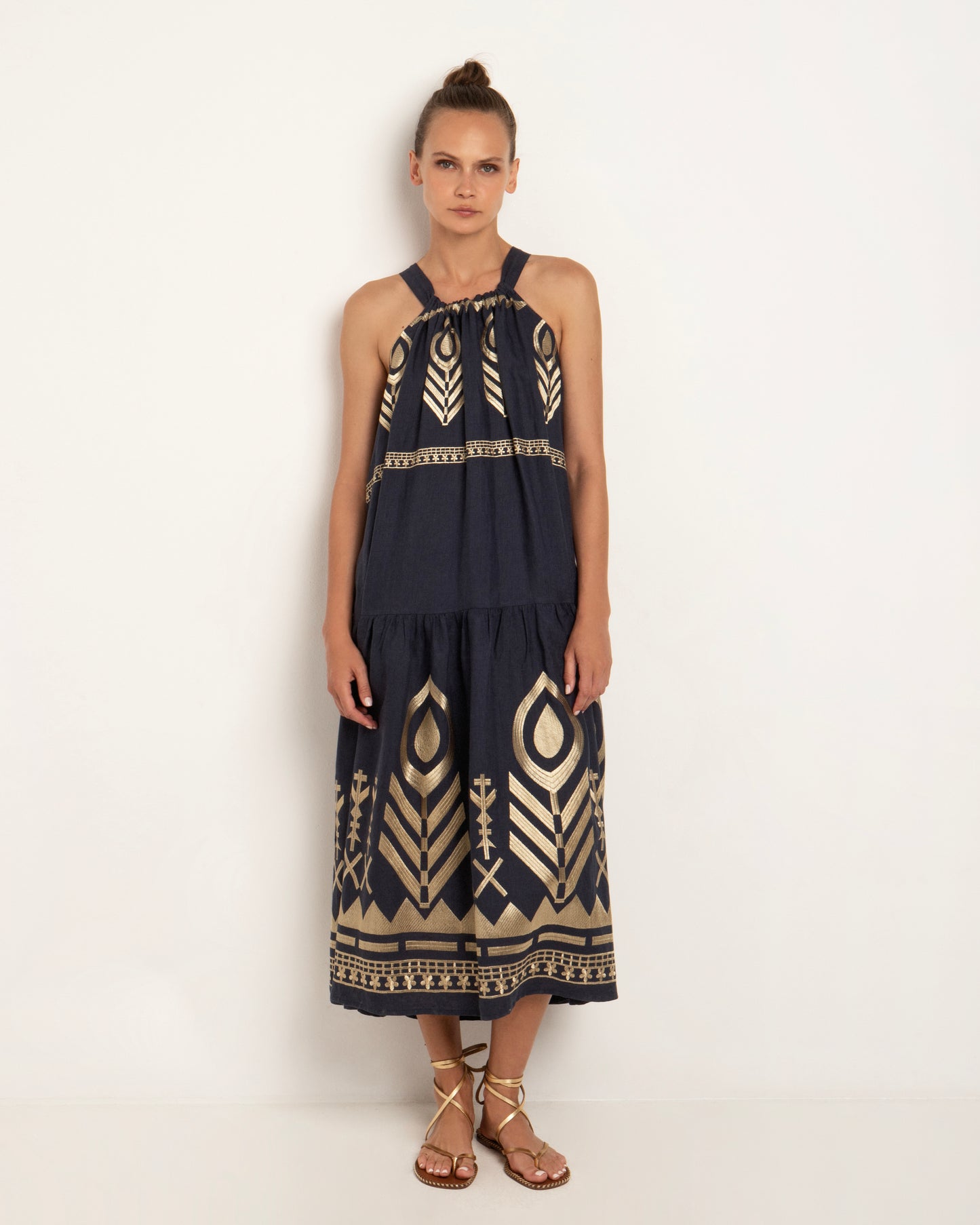Greek Archaic Kori dress long halter Feather