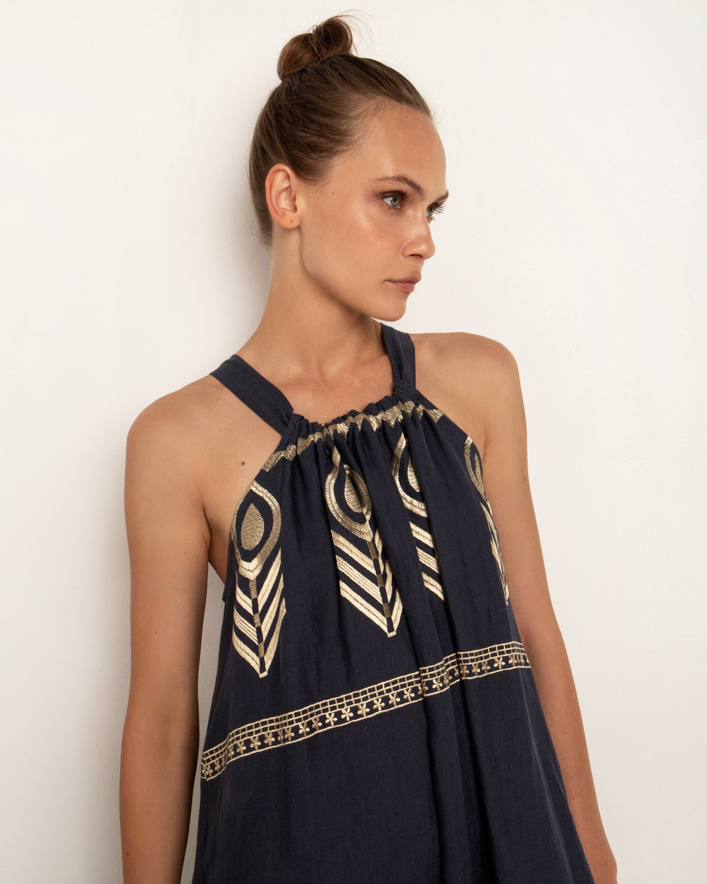Greek Archaic Kori dress long halter Feather