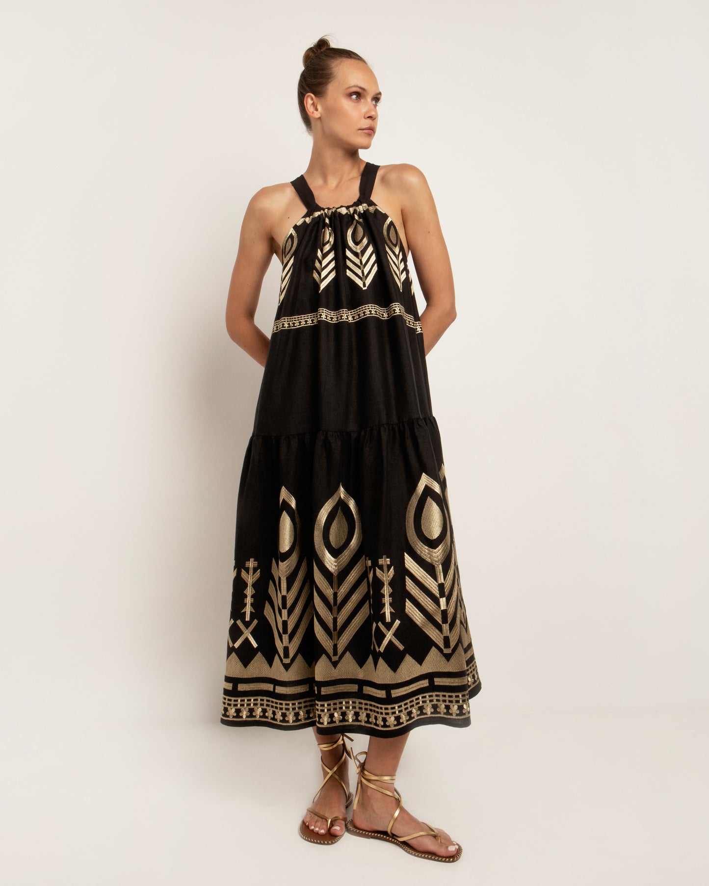 Greek Archaic Kori dress long halter Feather