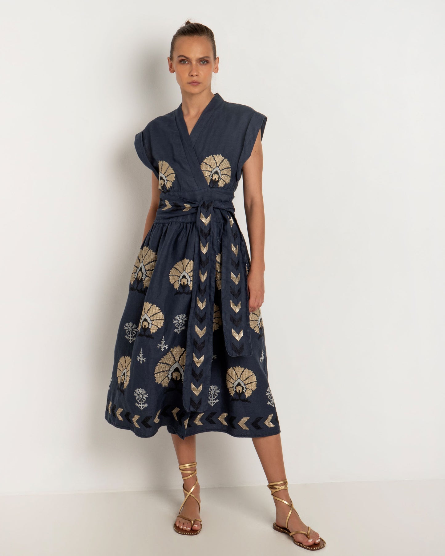 Greek Archaic Kori dress wrap mini peacocks