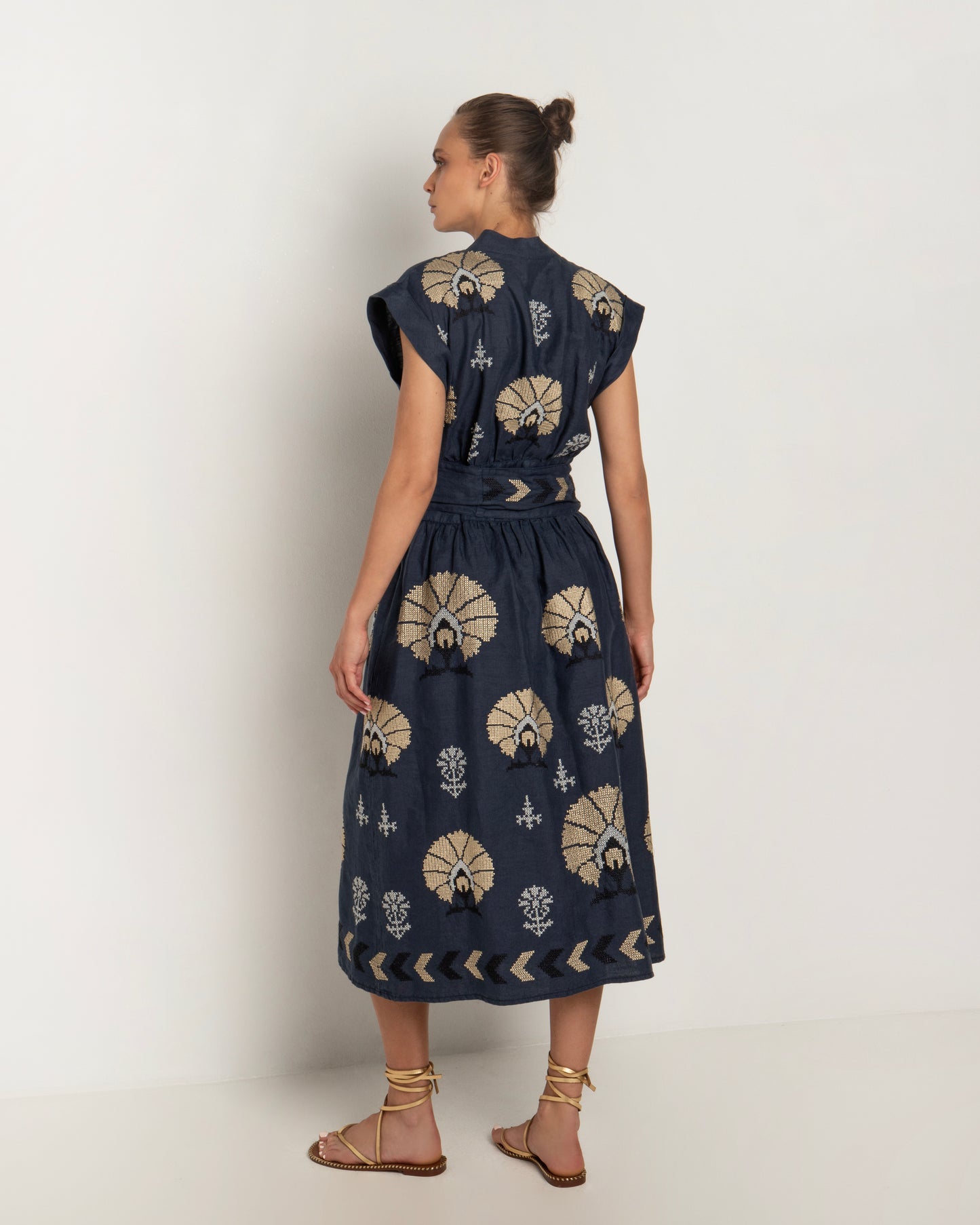 Greek Archaic Kori linen emboidered mini peacocks wrap dress