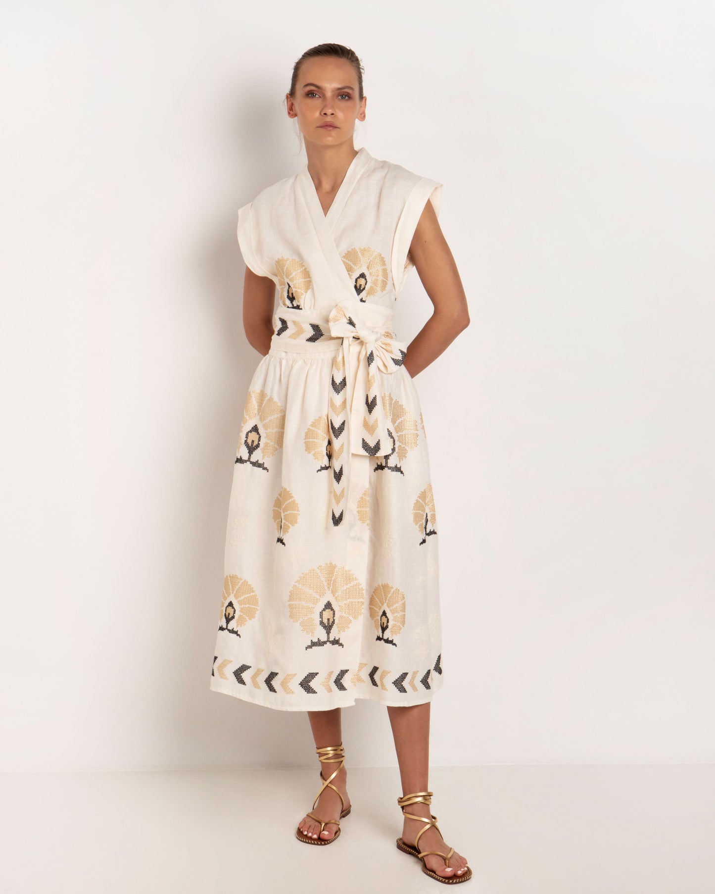 Greek Archaic Kori dress wrap mini peacocks