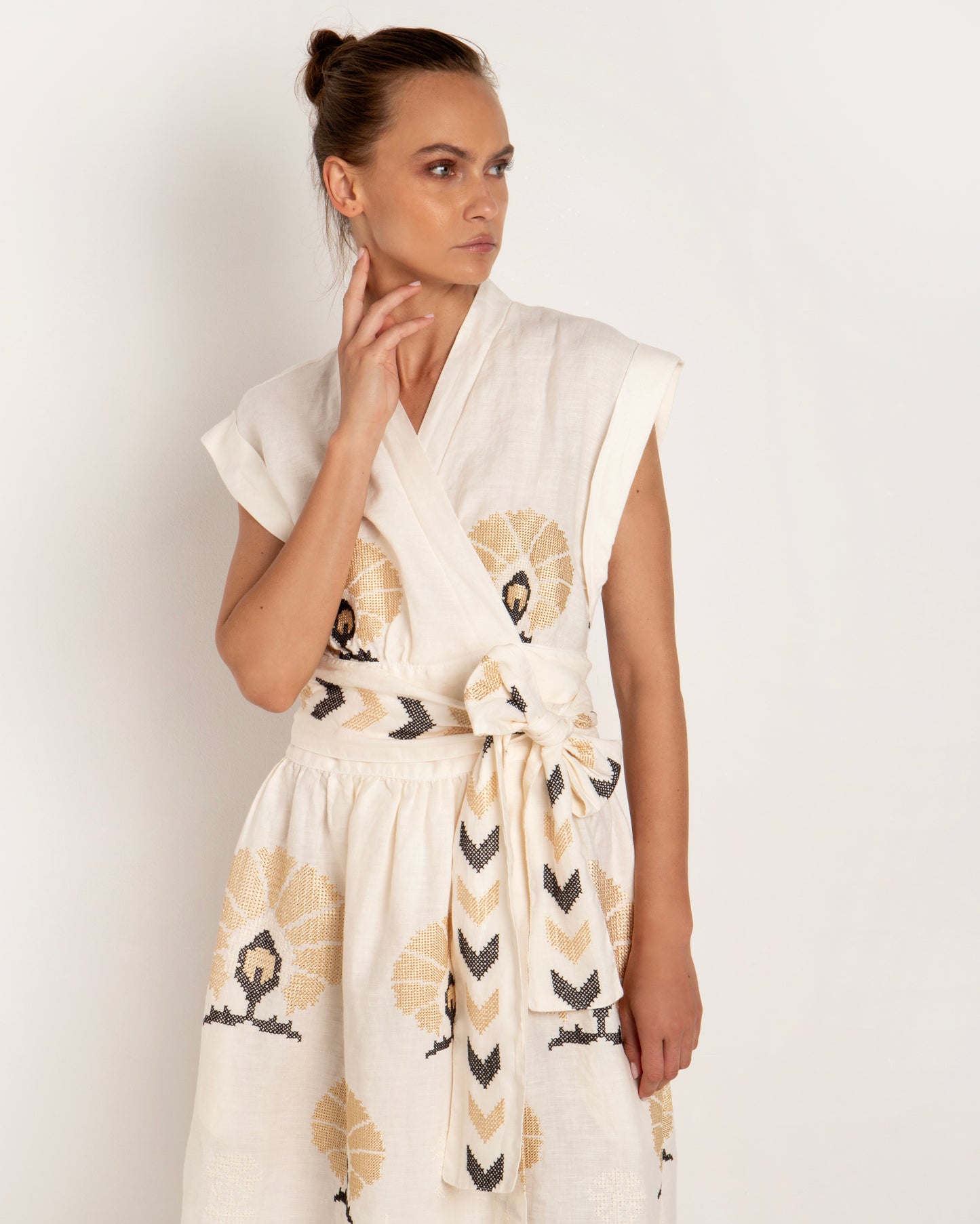 Greek Archaic Kori dress wrap mini peacocks