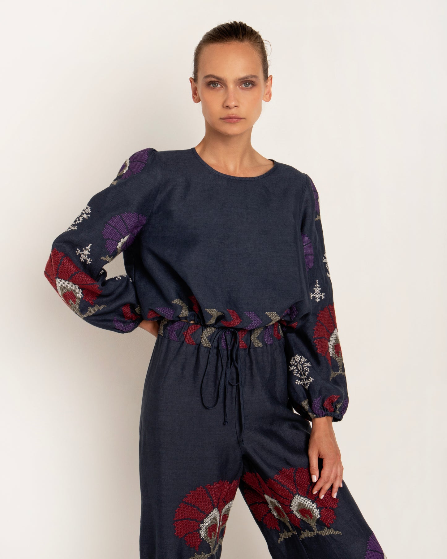 Greek Archaic Kori linen top mini peacocks