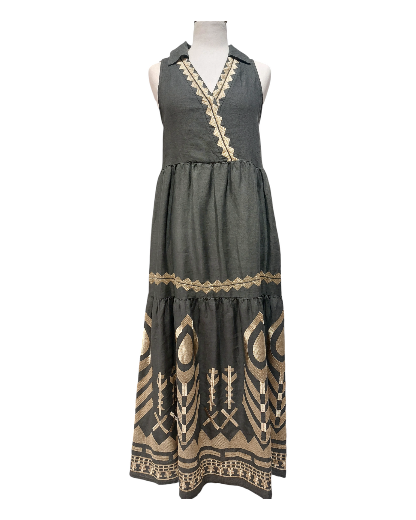 Greek Archaic Kori linen lond sleeveless dress with collar