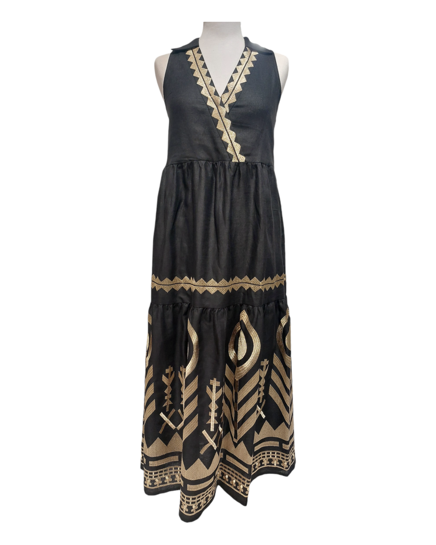 Greek Archaic Kori linen lond sleeveless dress with collar