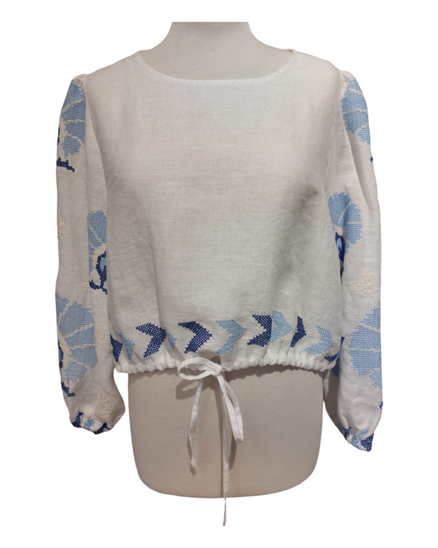 Greek Archaic Kori linen top mini peacocks