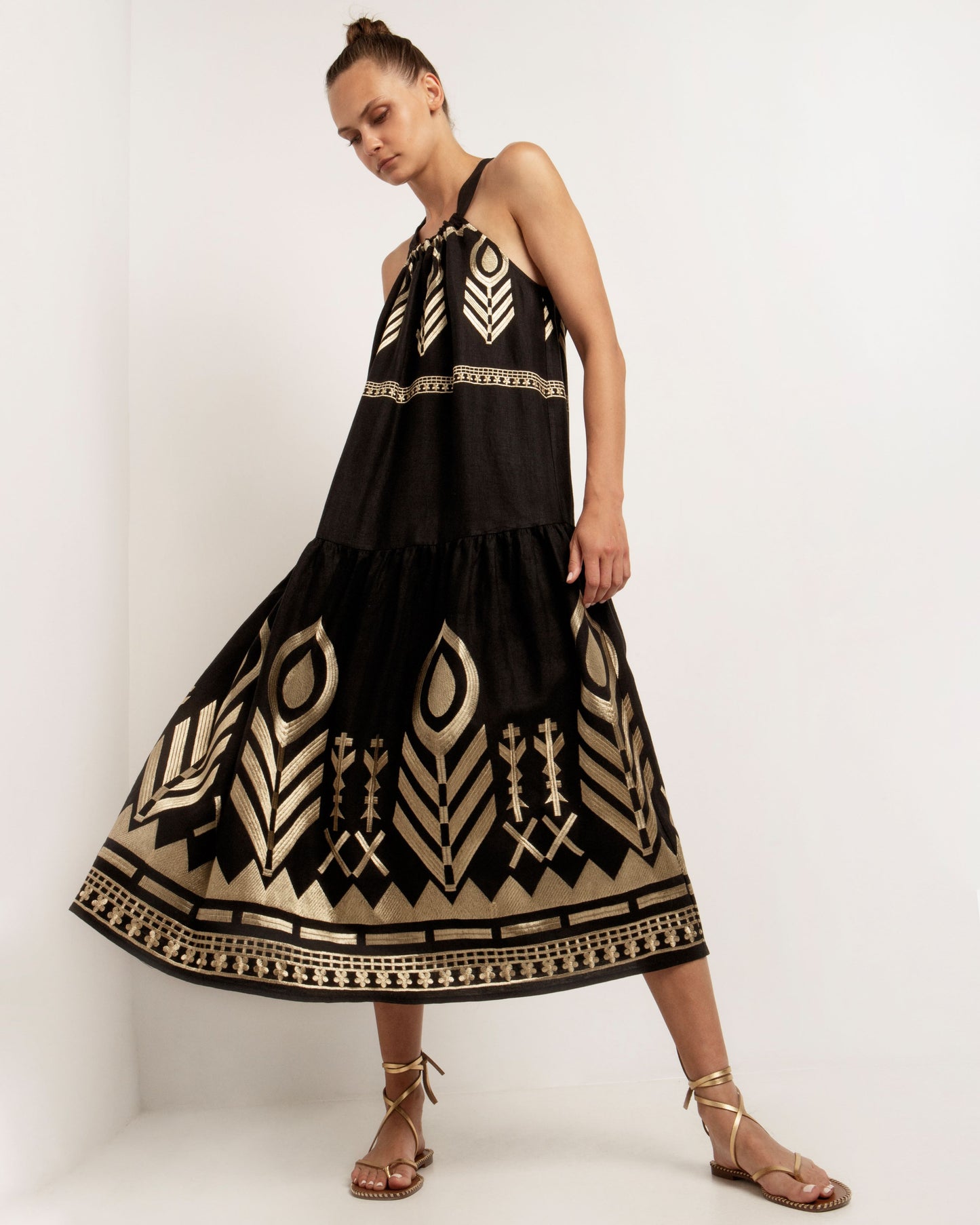 Greek Archaic Kori dress long halter Feather